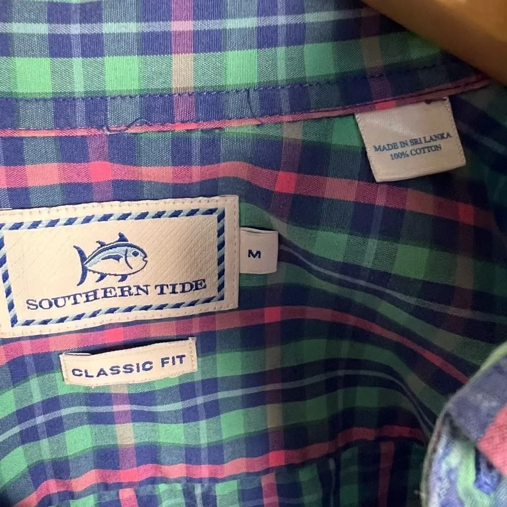 Southern Tide Classic Fit Plaid Button Down Shirt Collared Pink Blue mens size M